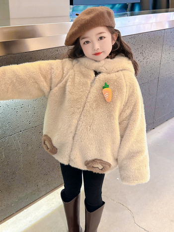 Palton pentru copii din blană artificială, căptușeală fleece, pluș gros, model desen animat, închidere cu fermoar