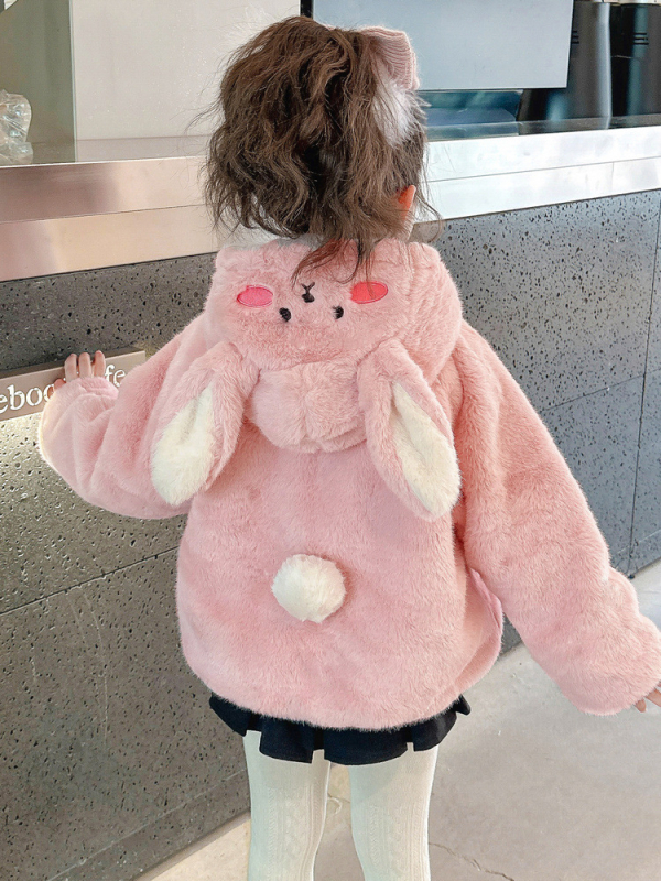 Palton pentru copii din blană artificială, căptușeală fleece, pluș gros, model desen animat, închidere cu fermoar