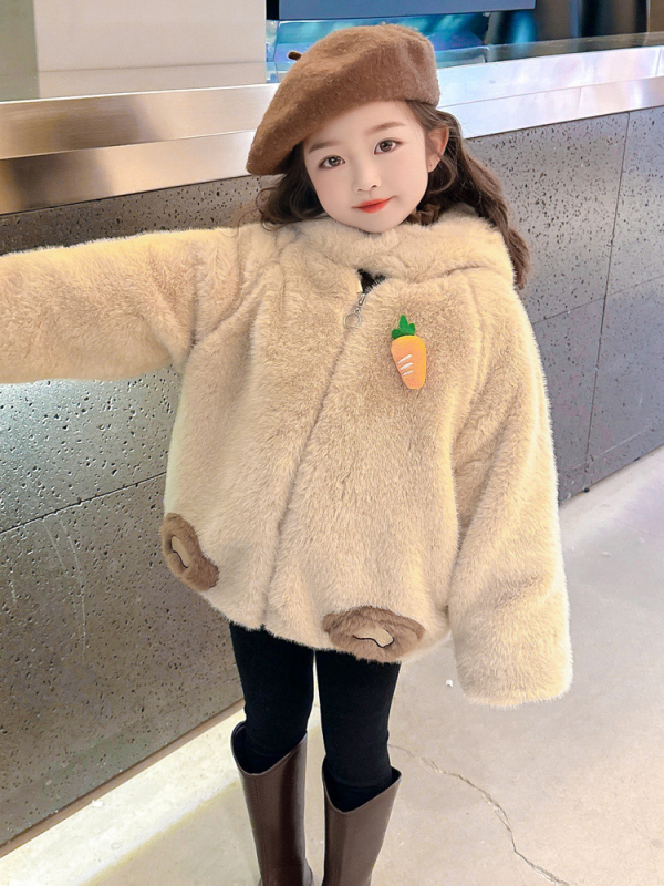 Palton pentru copii din blană artificială, căptușeală fleece, pluș gros, model desen animat, închidere cu fermoar