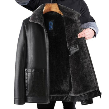 PU bőrdzseki szőrmes béléssel, galléros rever, cipzáros zárás, férfiaknak, téli casual viselet