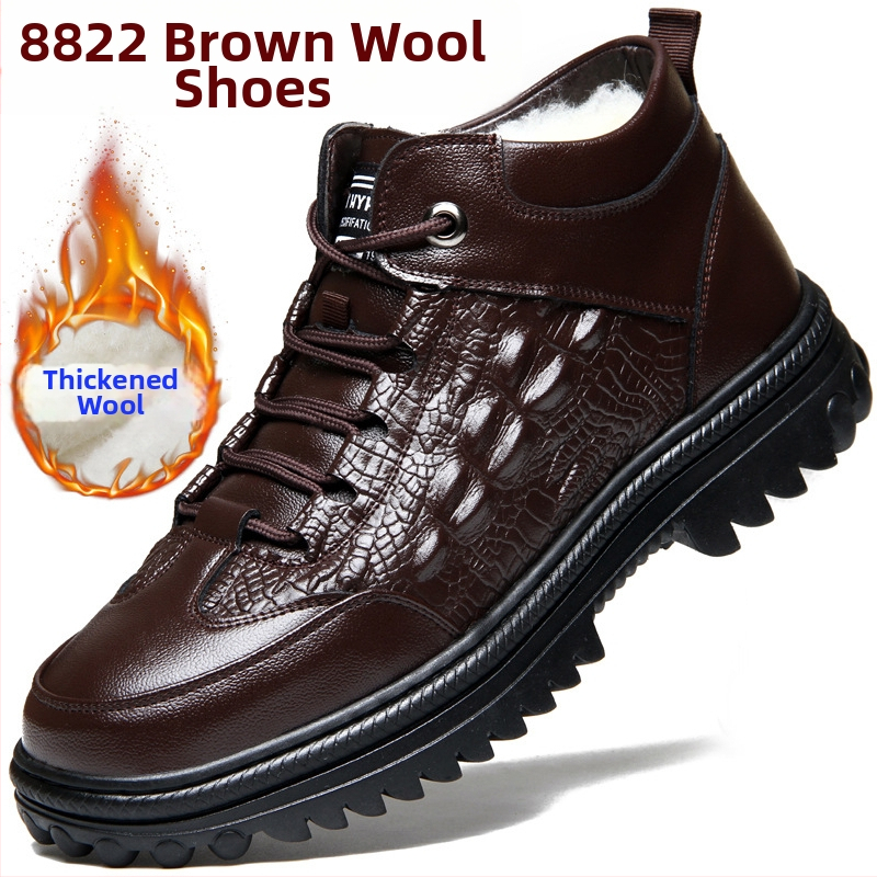 Vīriešu augstās vilnas iekšējās mājas kurpes ar PU augšpusi, gumijas zole, pretslīdēšana ziemai