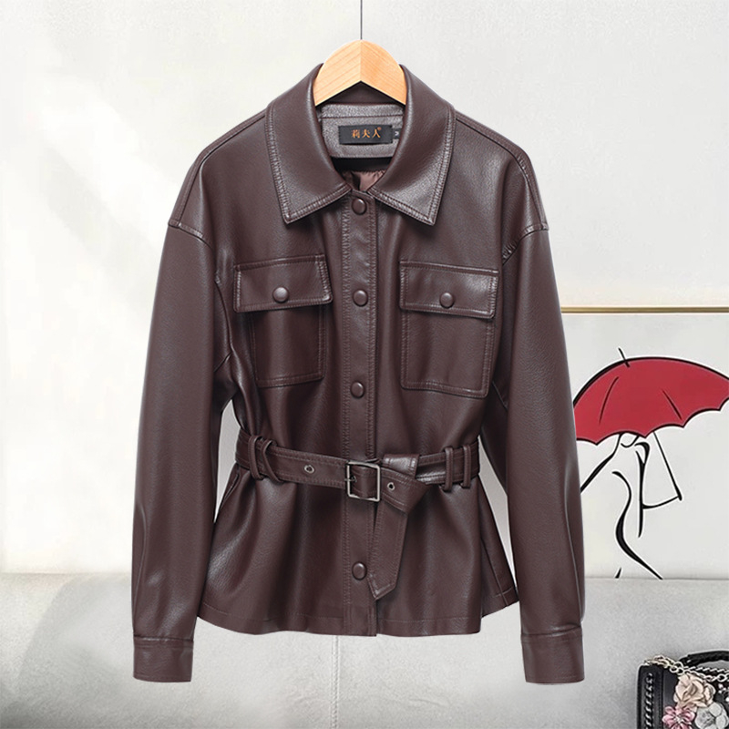 Bőrdzseki gallérral, hosszú ujjú, hossz 50–65 cm, 2025 őszi megjelenés, elegáns stílus