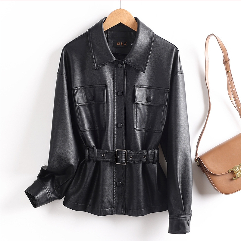 Bőrdzseki gallérral, hosszú ujjú, hossz 50–65 cm, 2025 őszi megjelenés, elegáns stílus