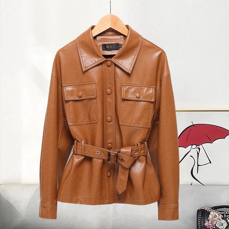 Bőrdzseki gallérral, hosszú ujjú, hossz 50–65 cm, 2025 őszi megjelenés, elegáns stílus