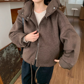 Žensko kratko vuneno jakna s kapuljačom, korejski chic za jesen-zimu, udoban ležeran stil, redovna duljina 50–65 cm, 80–90% glavni materijal