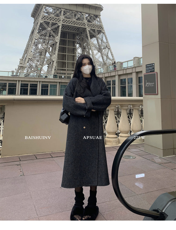 Ženski kaput od vune i poliestera, stojeći ovratnik, dvostruko kopčanje, dugačak labavi kroj, casual japansko-korejski stil