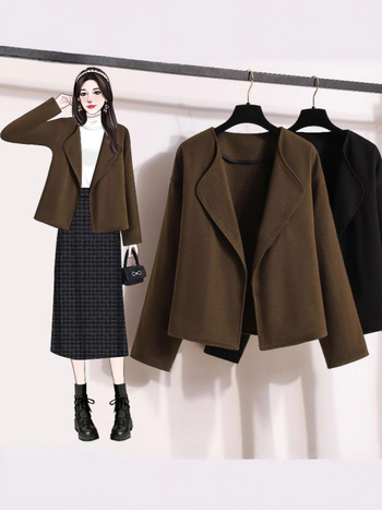 Дамско палто свободен силует от полиестер и еластан, поло яка, дълги ръкави, есен 2024 ретро стил.