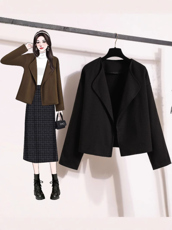 Дамско палто свободен силует от полиестер и еластан, поло яка, дълги ръкави, есен 2024 ретро стил.