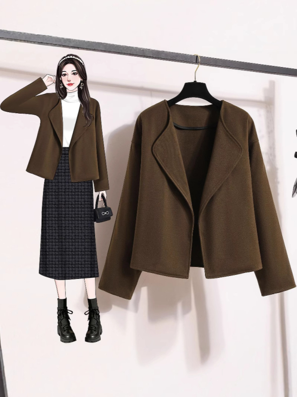 Дамско палто свободен силует от полиестер и еластан, поло яка, дълги ръкави, есен 2024 ретро стил.