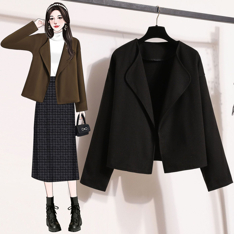 Дамско палто свободен силует от полиестер и еластан, поло яка, дълги ръкави, есен 2024 ретро стил.