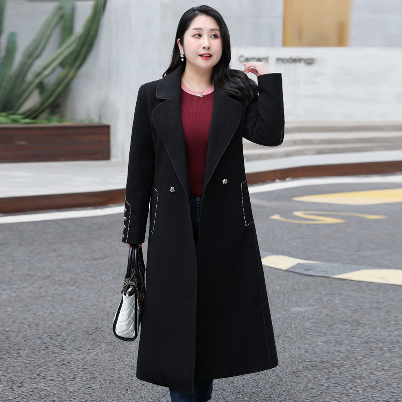 Ženski vuneni kaput, dug 80–100 cm, ovratnik u stilu sakoi, 70–80% pamuka s akrilom, elegantan gradski stil