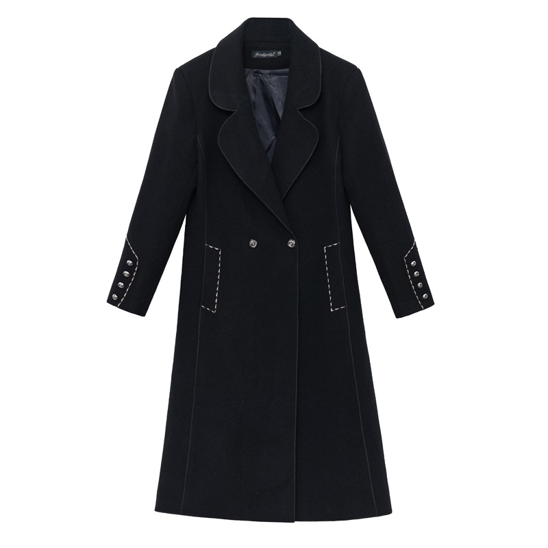 Ženski vuneni kaput, dug 80–100 cm, ovratnik u stilu sakoi, 70–80% pamuka s akrilom, elegantan gradski stil