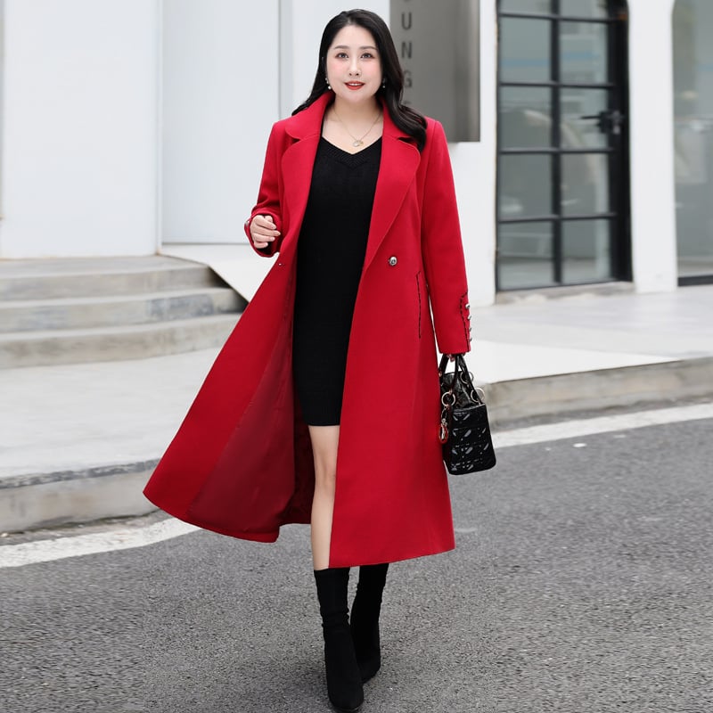 Ženski vuneni kaput, dug 80–100 cm, ovratnik u stilu sakoi, 70–80% pamuka s akrilom, elegantan gradski stil