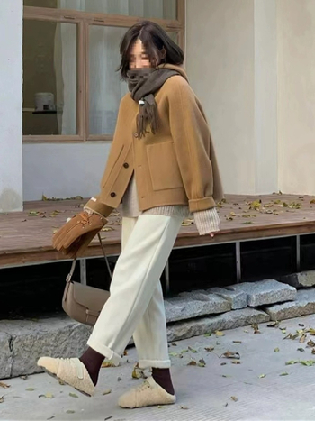 Kaput s kapuljačom od chenille, krzneni ovratnik, kratka dužina, japansko-korejski stil