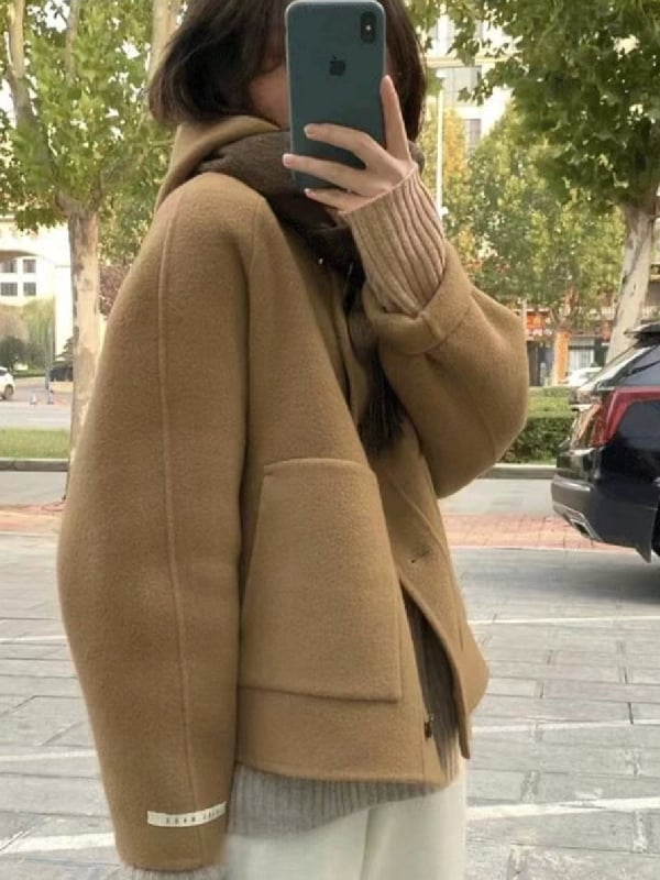 Kaput s kapuljačom od chenille, krzneni ovratnik, kratka dužina, japansko-korejski stil