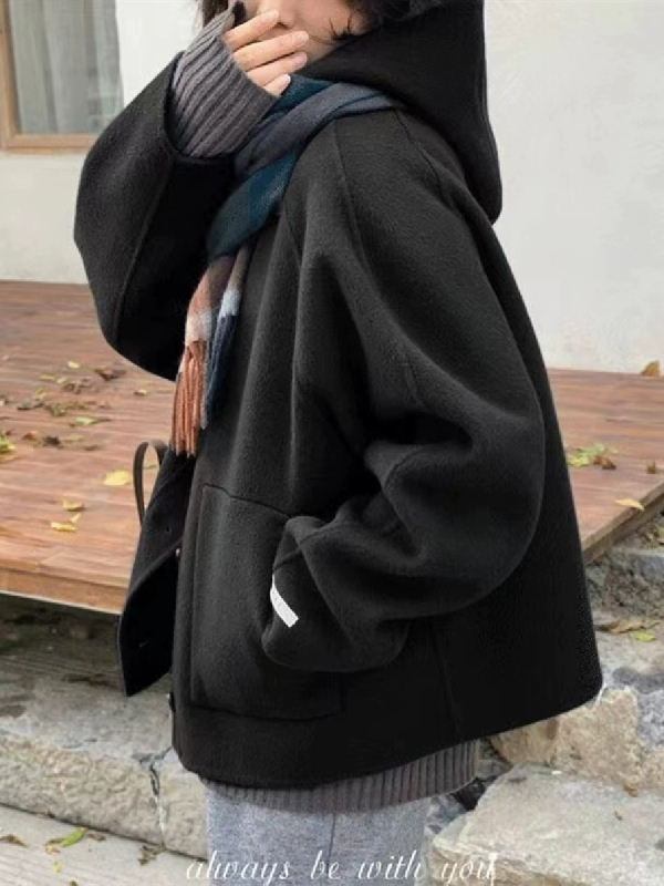 Kaput s kapuljačom od chenille, krzneni ovratnik, kratka dužina, japansko-korejski stil