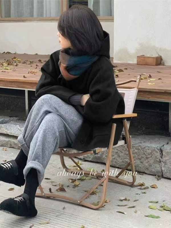 Kaput s kapuljačom od chenille, krzneni ovratnik, kratka dužina, japansko-korejski stil