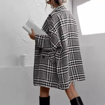 Ženski kaput s houndstooth karom, debeo, podstava, labav kroj, dvostruko kopčanje, ovratnik od sakoa