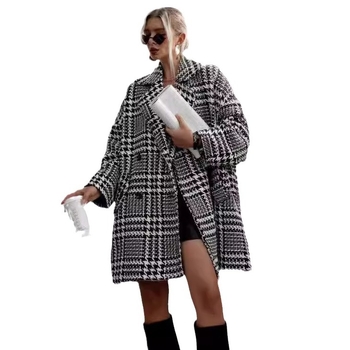 Ženski kaput s houndstooth karom, debeo, podstava, labav kroj, dvostruko kopčanje, ovratnik od sakoa