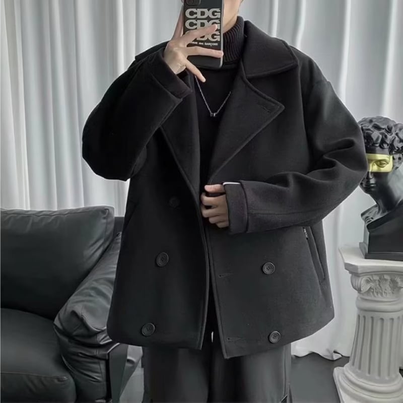 Muški kaput, korejski stil, opušten kroj, dvostruko kopčanje, ovratnik sakou, jednobojni uzorak, poliester vanjski materijal s podstavom