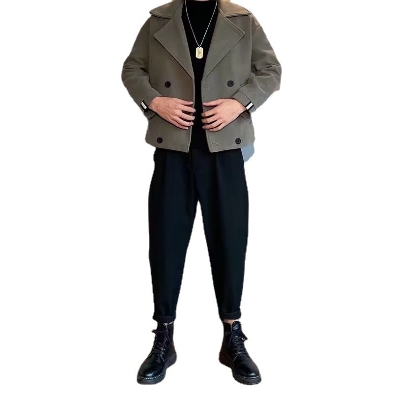 Muški kaput, korejski stil, opušten kroj, dvostruko kopčanje, ovratnik sakou, jednobojni uzorak, poliester vanjski materijal s podstavom
