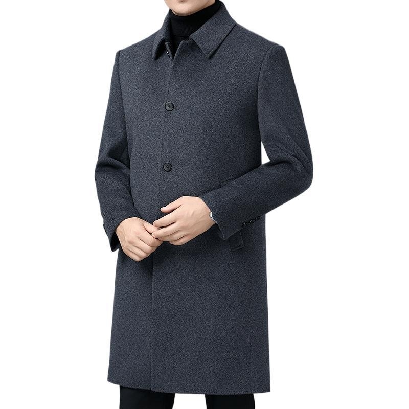 Meeste mantel 100% lamba villast, kahekülgne vill, sisemine vooder, paksendatud soojus, äriline keskmise pikkusega, ühe riviga nööpidega kinnitusega, rihmata, ühevärviline