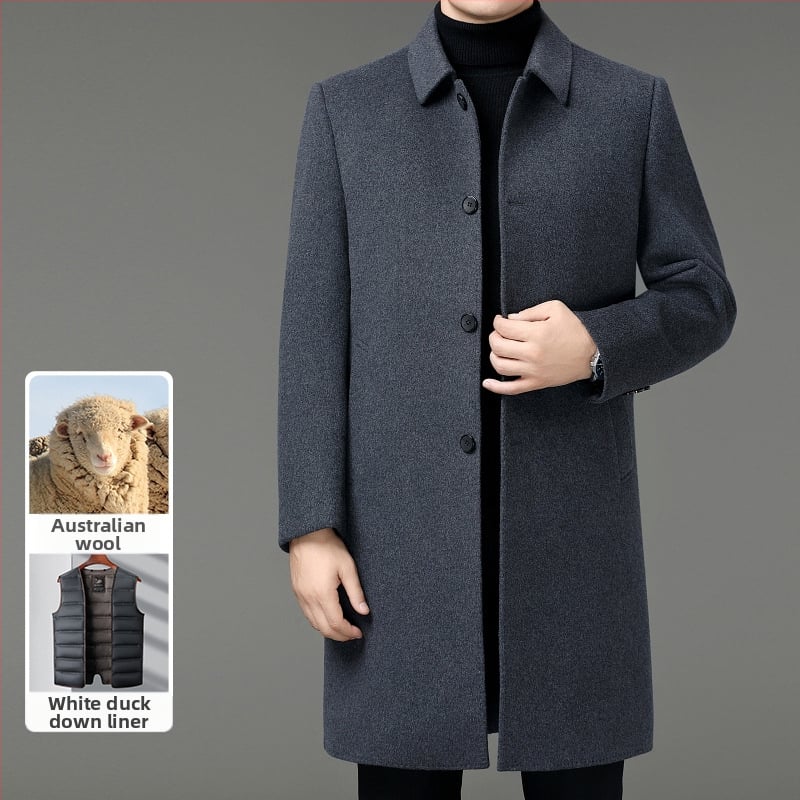 Meeste mantel 100% lamba villast, kahekülgne vill, sisemine vooder, paksendatud soojus, äriline keskmise pikkusega, ühe riviga nööpidega kinnitusega, rihmata, ühevärviline