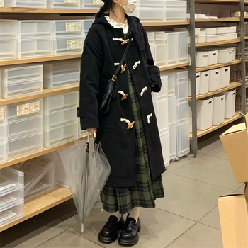 Ženski vuneni kaput s kapuljačom, gust materijal, dugi rukavi, duljina preko 100 cm, korejski Hepburn stil