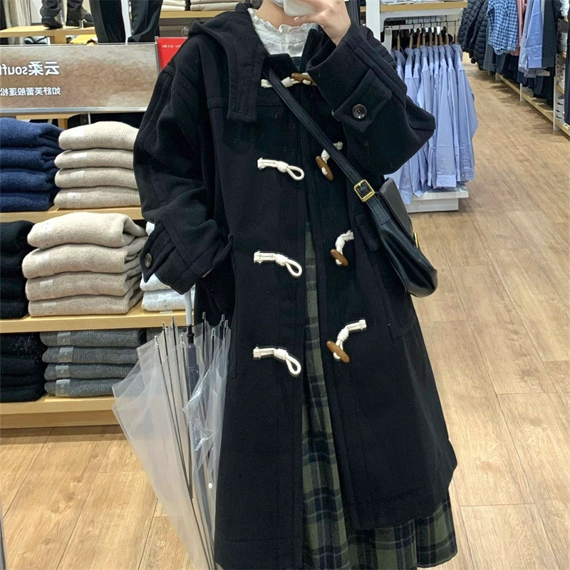 Ženski vuneni kaput s kapuljačom, gust materijal, dugi rukavi, duljina preko 100 cm, korejski Hepburn stil