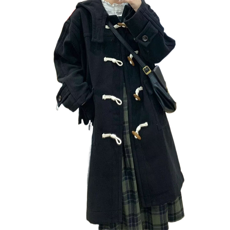 Ženski vuneni kaput s kapuljačom, gust materijal, dugi rukavi, duljina preko 100 cm, korejski Hepburn stil