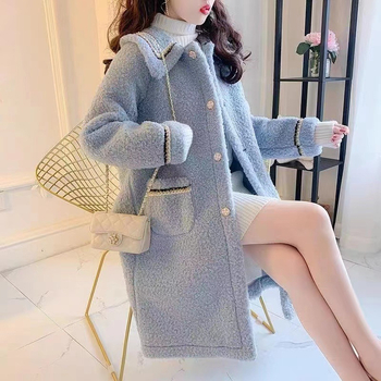 Ženski kaput u korejskom stilu, srednje duljine, chenille tkanina, kaput s jednim redom kopči, dugi rukavi