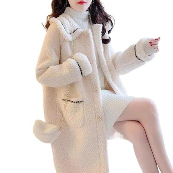 Ženski kaput u korejskom stilu, srednje duljine, chenille tkanina, kaput s jednim redom kopči, dugi rukavi