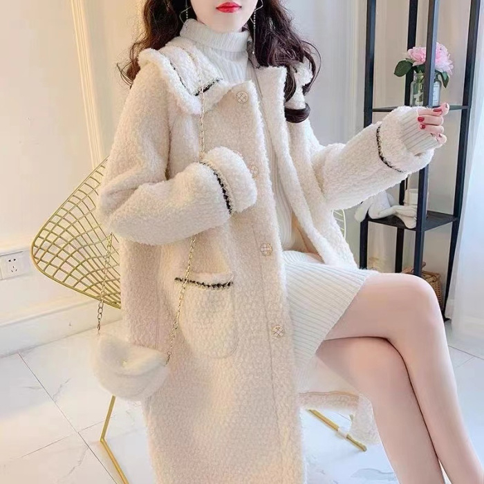 Ženski kaput u korejskom stilu, srednje duljine, chenille tkanina, kaput s jednim redom kopči, dugi rukavi