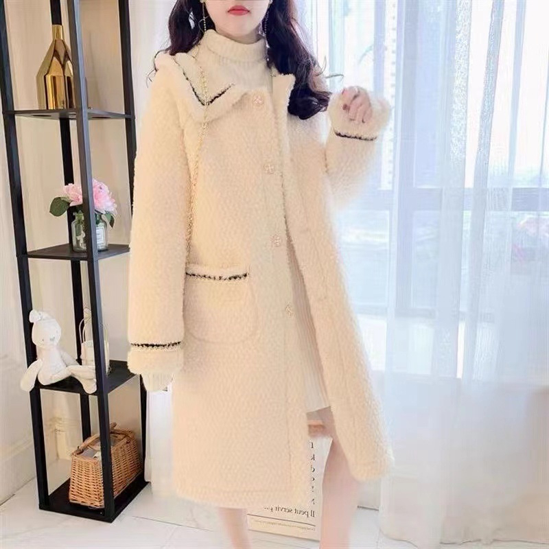 Ženski kaput u korejskom stilu, srednje duljine, chenille tkanina, kaput s jednim redom kopči, dugi rukavi