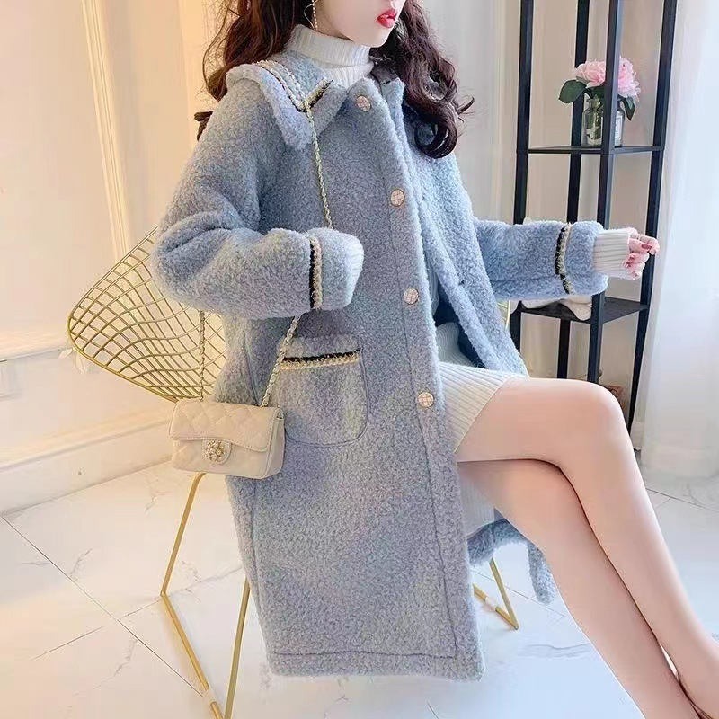 Ženski kaput u korejskom stilu, srednje duljine, chenille tkanina, kaput s jednim redom kopči, dugi rukavi