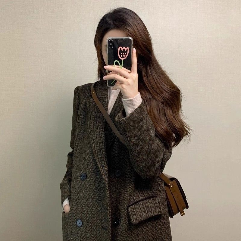 Ženski vuneni kaput s apstraktnim uzorkom, Modalna tkanina, kratki kaput u A-liniji, stojeći ovratnik, 3/4 rukavi