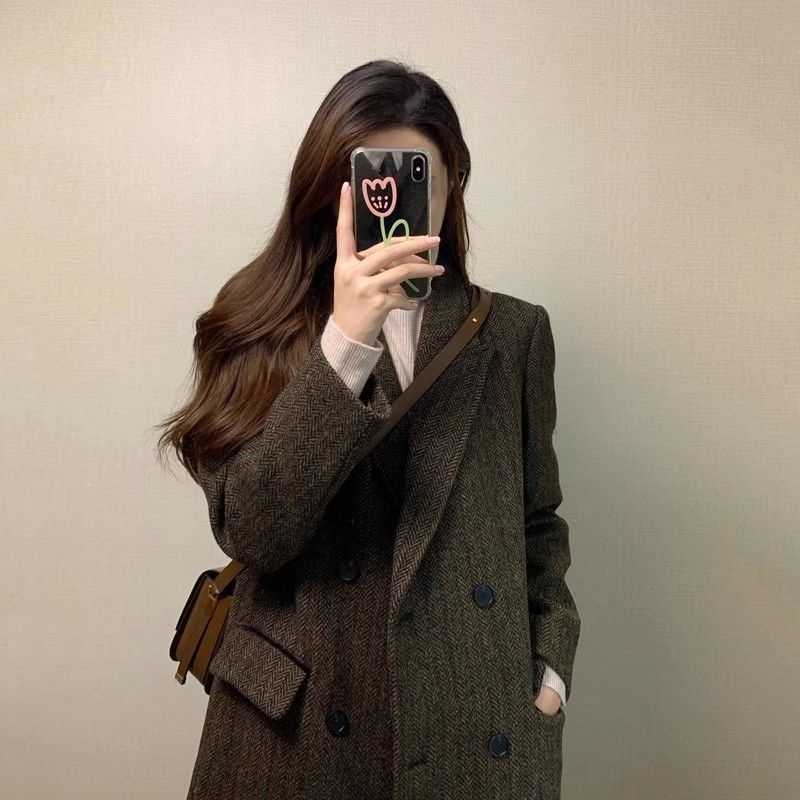 Ženski vuneni kaput s apstraktnim uzorkom, Modalna tkanina, kratki kaput u A-liniji, stojeći ovratnik, 3/4 rukavi