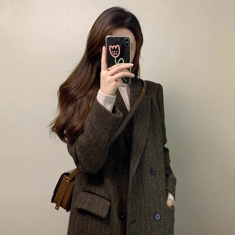 Ženski vuneni kaput s apstraktnim uzorkom, Modalna tkanina, kratki kaput u A-liniji, stojeći ovratnik, 3/4 rukavi