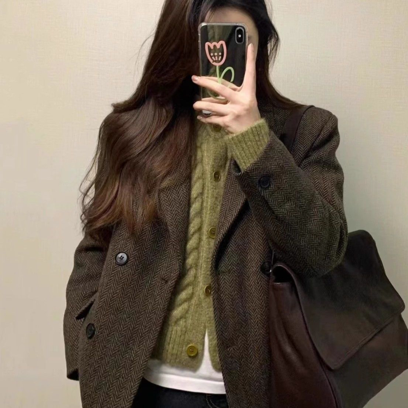 Ženski vuneni kaput s apstraktnim uzorkom, Modalna tkanina, kratki kaput u A-liniji, stojeći ovratnik, 3/4 rukavi