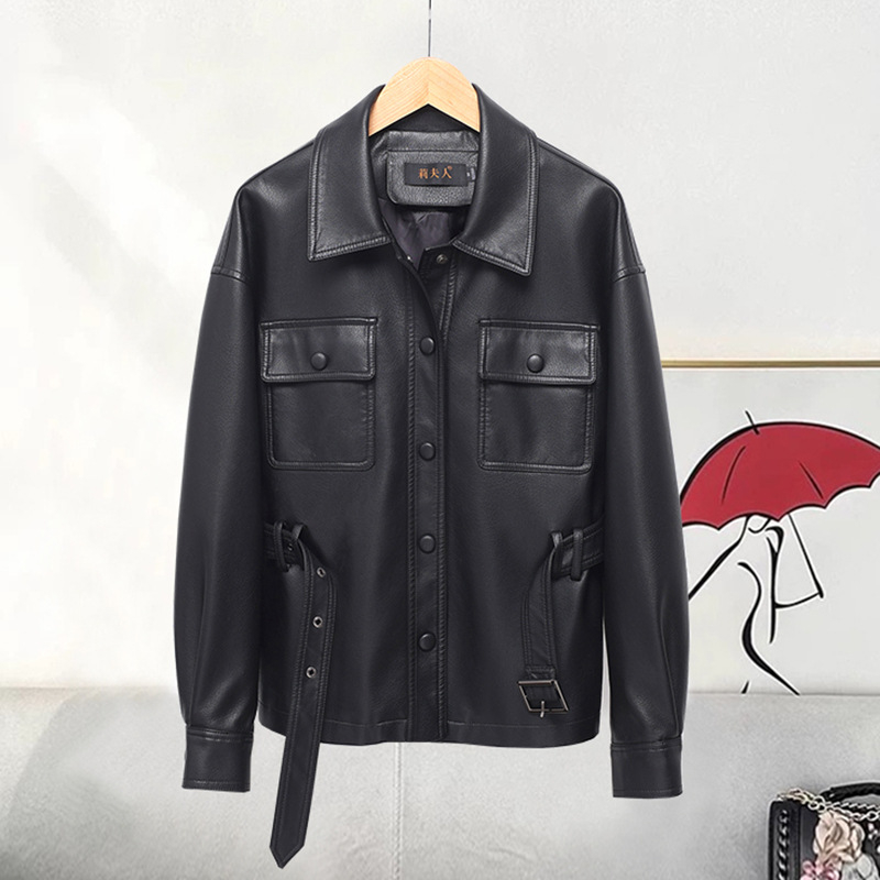 Jachetă din piele pentru femei, croială scurtă, guler rever, stil biker, front placket cu catarame