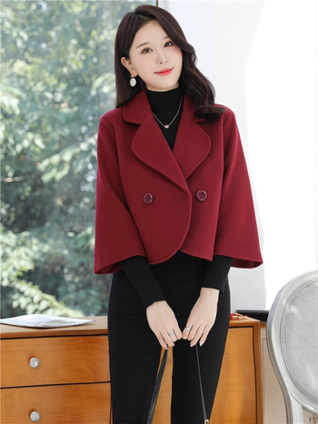 Ženski kratki kaput od imitacije vune, japansko-korejski ležerni stil, duljina 40-50 cm, kopčanje s dvostrukim redom gumba, 95% poliester