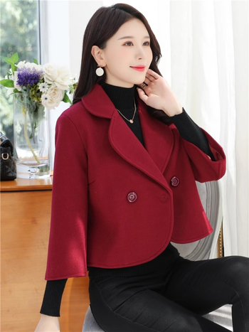 Ženski kratki kaput od imitacije vune, japansko-korejski ležerni stil, duljina 40-50 cm, kopčanje s dvostrukim redom gumba, 95% poliester