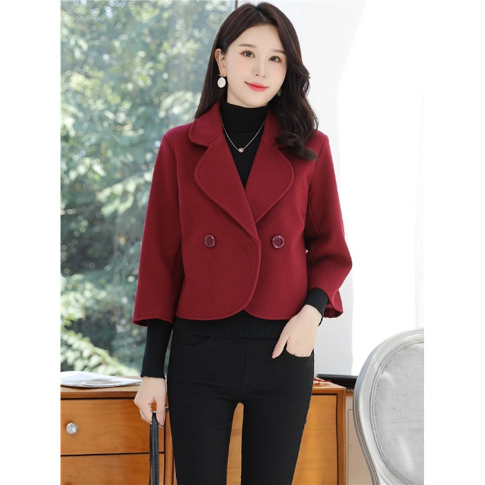 Ženski kratki kaput od imitacije vune, japansko-korejski ležerni stil, duljina 40-50 cm, kopčanje s dvostrukim redom gumba, 95% poliester