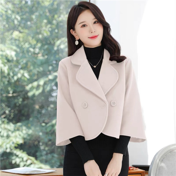 Ženski kratki kaput od imitacije vune, japansko-korejski ležerni stil, duljina 40-50 cm, kopčanje s dvostrukim redom gumba, 95% poliester