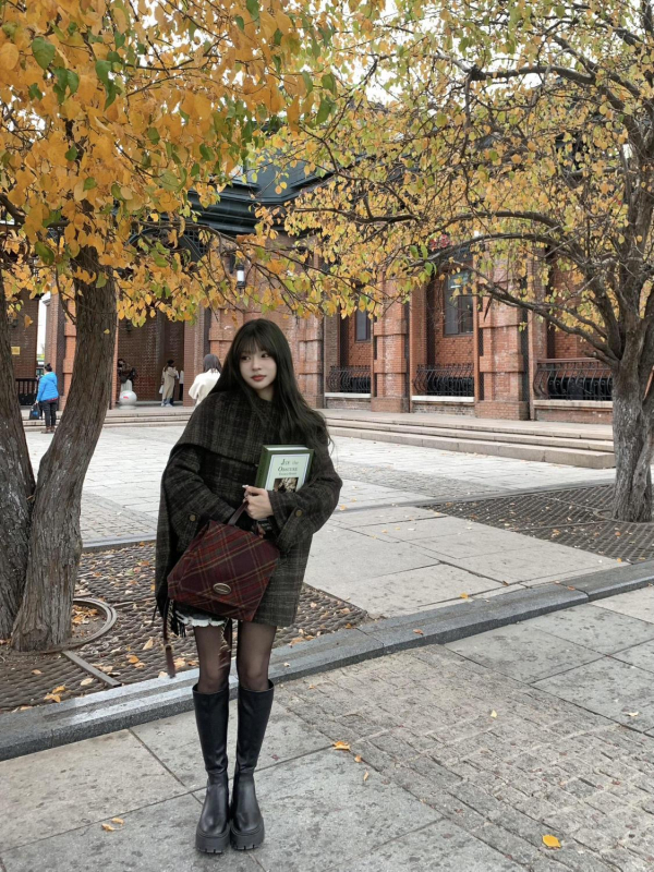 Vuneni kaput s kariranim uzorkom, debeli, ovratnik šal, dugi rukavi (karirani uzorak, debeli, ovratnik šal, dugi rukavi)