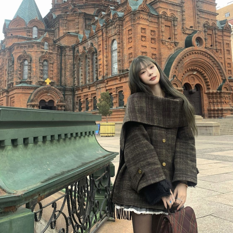 Vuneni kaput s kariranim uzorkom, debeli, ovratnik šal, dugi rukavi (karirani uzorak, debeli, ovratnik šal, dugi rukavi)