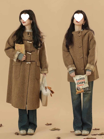 Ženski kaput s kapuljom i gumbima od roga - normalna duljina, dugi rukavi, poliester 90–95%, zima 2025, japansko-korejski ležerni stil