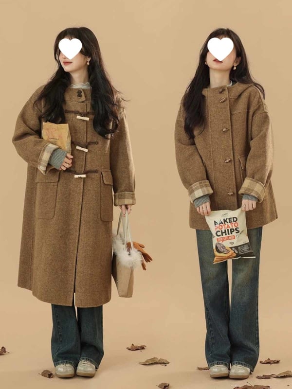 Ženski kaput s kapuljom i gumbima od roga - normalna duljina, dugi rukavi, poliester 90–95%, zima 2025, japansko-korejski ležerni stil