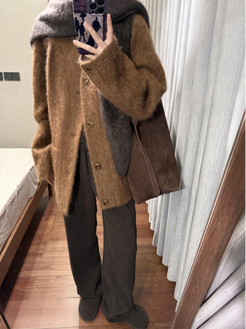 Palton din lână cu decolteu în V, lungime medie, mâneci lungi, stil casual japonez-coreean
