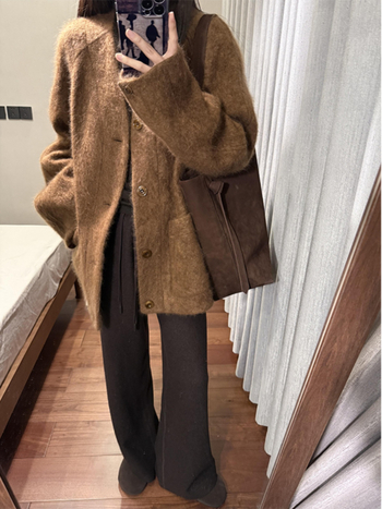 Palton din lână cu decolteu în V, lungime medie, mâneci lungi, stil casual japonez-coreean